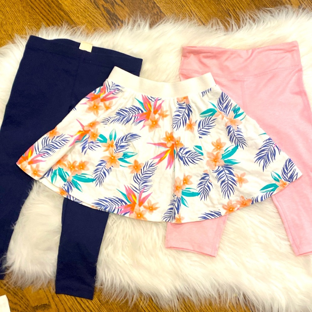 4T Girls Tropical skirt with built in shorts, pink capri pants and light pants